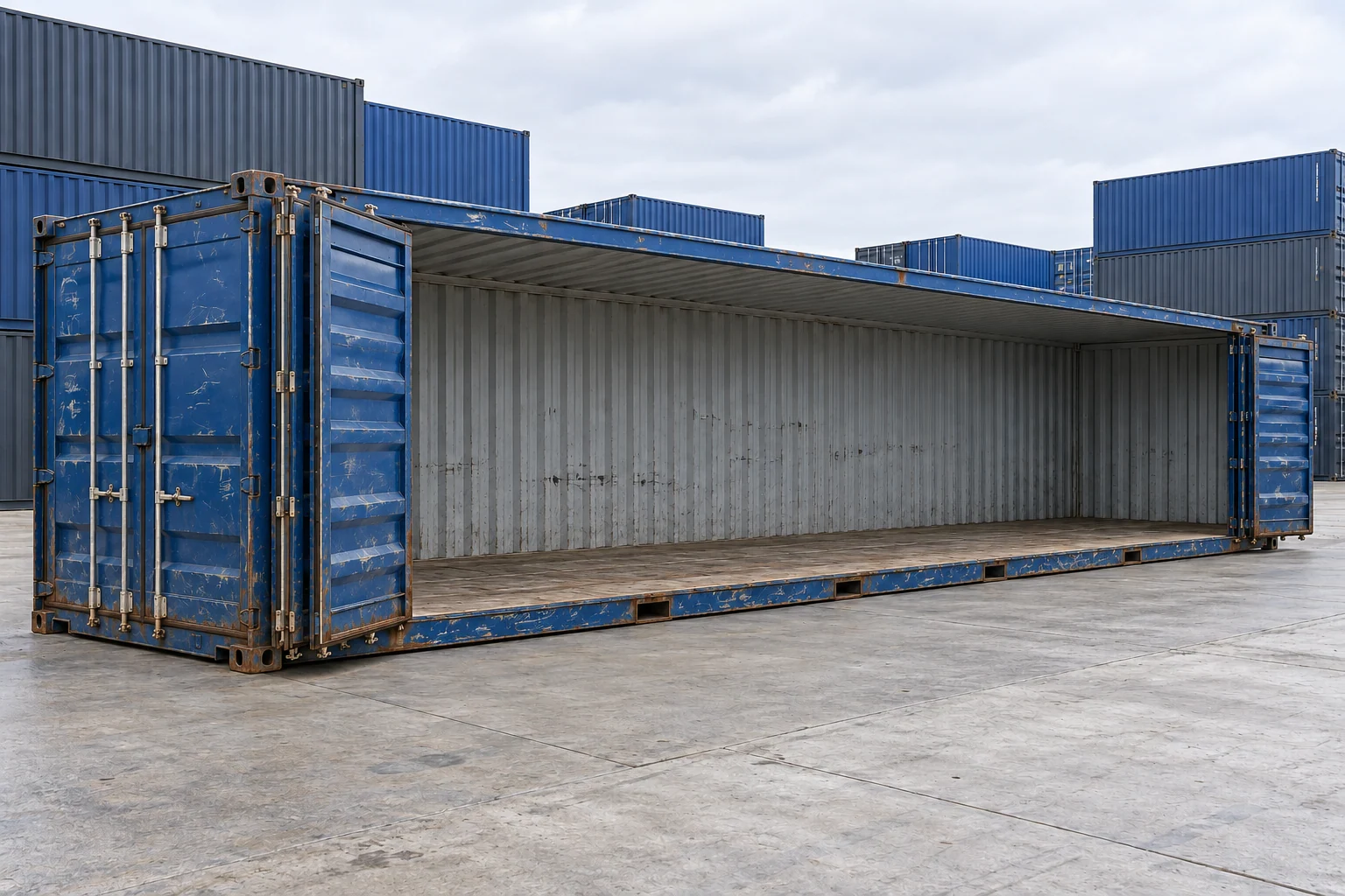 KI-Bildbeispiel: 40-Fuß-High-Cube-Open-Side-Container, Gebraucht – sichtbare Spuren, auf einem Containerhof