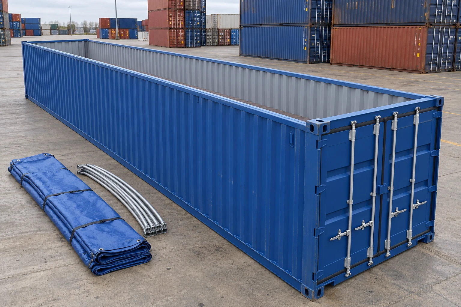 KI-Bildbeispiel: 40-Fuß-Open-Top-Container, Neu, auf einem Containerhof