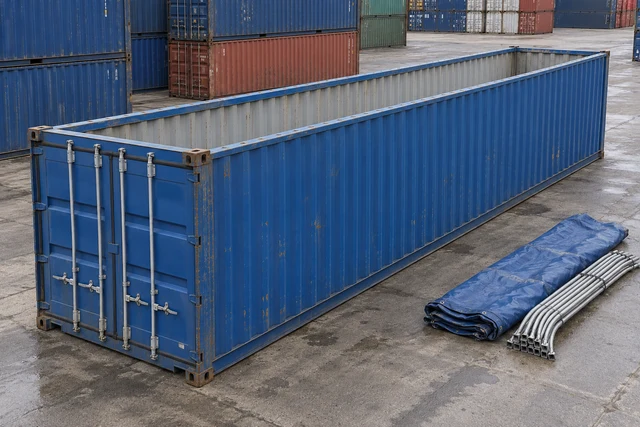 KI-Bildbeispiel: 40-Fuß-Open-Top-Container, Gebraucht – leichte Spuren, auf einem Containerhof