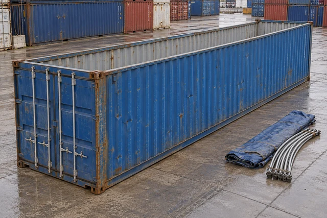 KI-Bildbeispiel: 40-Fuß-Open-Top-Container, Gebraucht – sichtbare Spuren, auf einem Containerhof