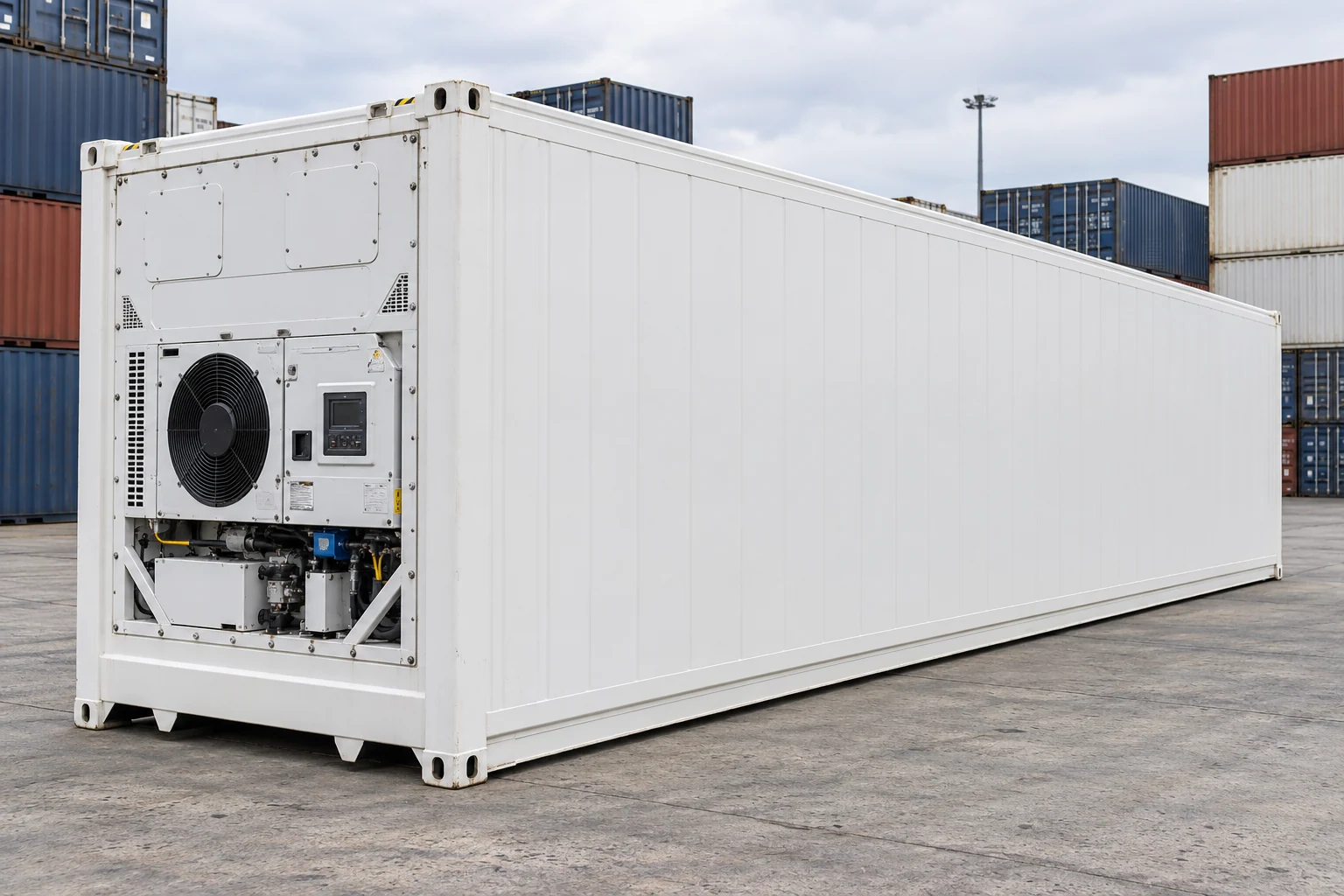 KI-Bildbeispiel: 40-Fuß-High-Cube-Kühlcontainer, Neu, auf einem Containerhof