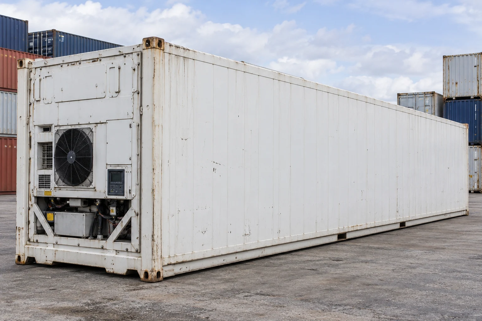 KI-Bildbeispiel: 40-Fuß-High-Cube-Kühlcontainer, Gebraucht – leichte Spuren, auf einem Containerhof