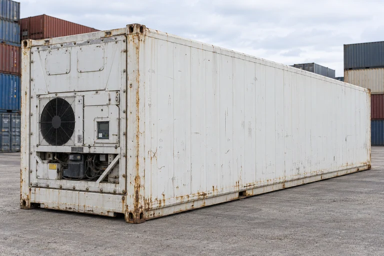 KI-Bildbeispiel: 40-Fuß-High-Cube-Kühlcontainer, Gebraucht – sichtbare Spuren, auf einem Containerhof