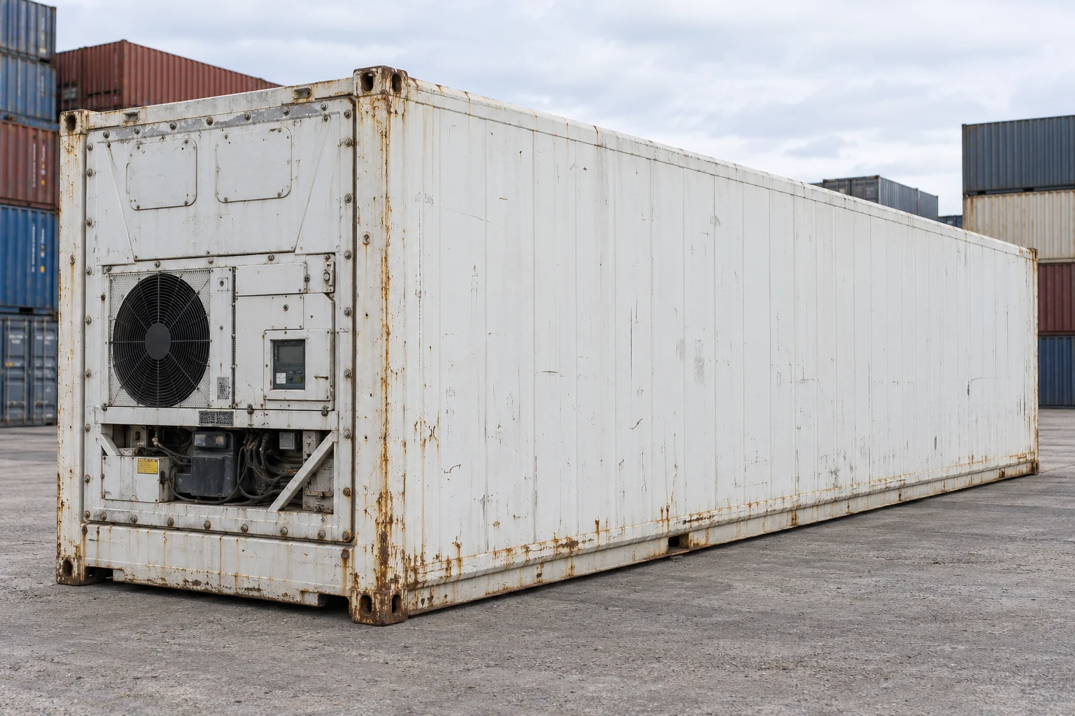 KI-Bildbeispiel: 40-Fuß-High-Cube-Kühlcontainer, Gebraucht – sichtbare Spuren, auf einem Containerhof