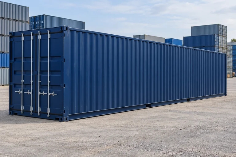 KI-Bildbeispiel: 40-Fuß-Standardcontainer, Erste Reise / One Way, auf einem Containerhof