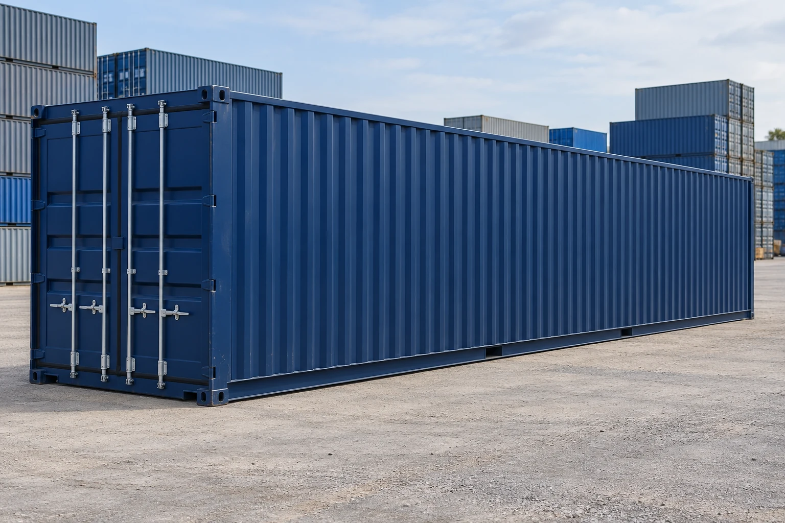 KI-Bildbeispiel: 40-Fuß-Standardcontainer, Erste Reise / One Way, auf einem Containerhof