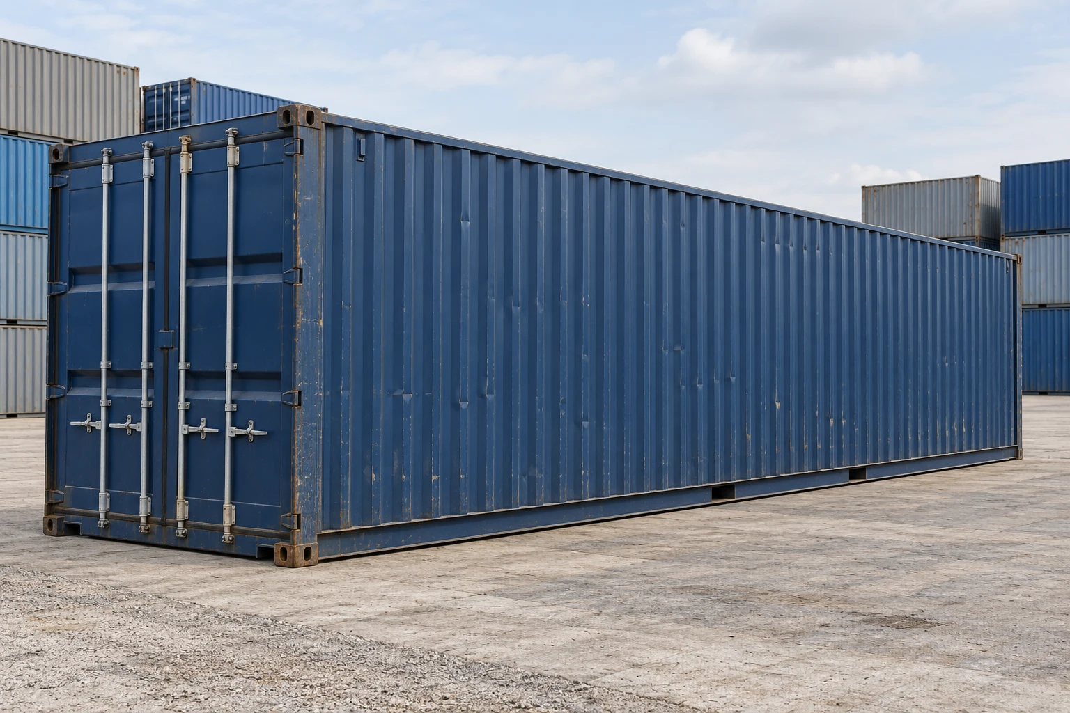 KI-Bildbeispiel: 40-Fuß-Standardcontainer, Gebraucht – leichte Spuren, auf einem Containerhof