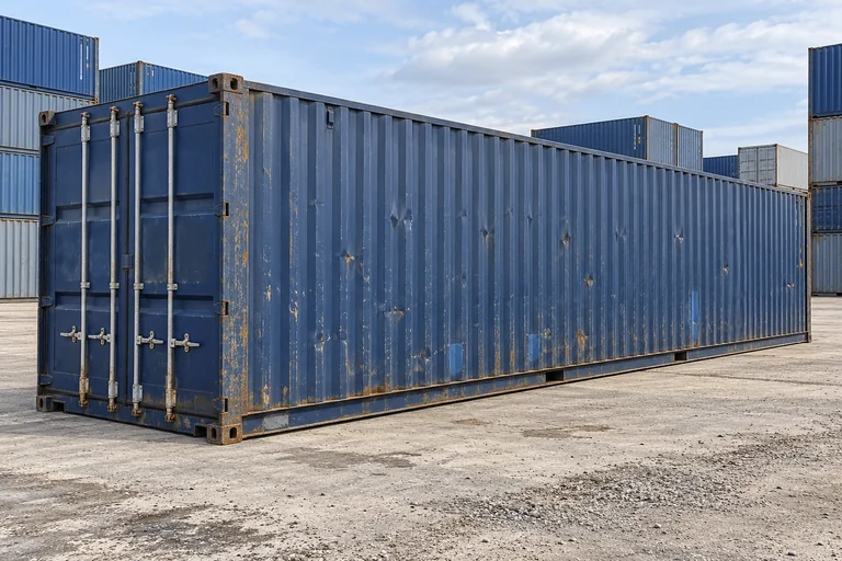 KI-Bildbeispiel: 40-Fuß-Standardcontainer, Gebraucht – sichtbare Spuren, auf einem Containerhof
