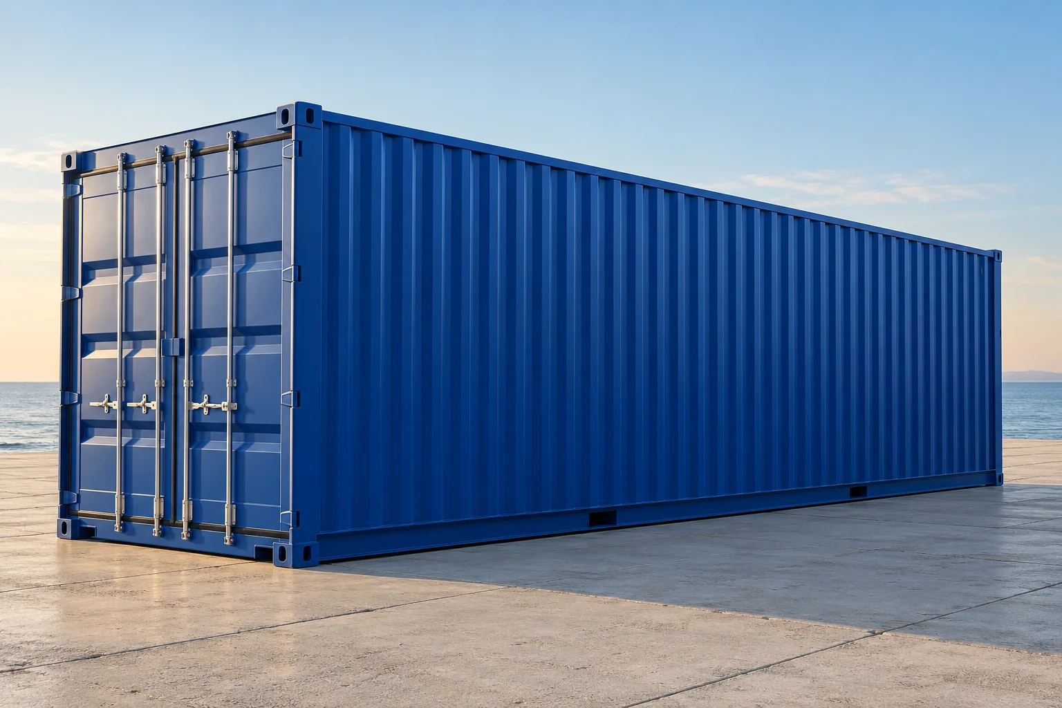 Blauer Seecontainer als atmosphärische Illustration