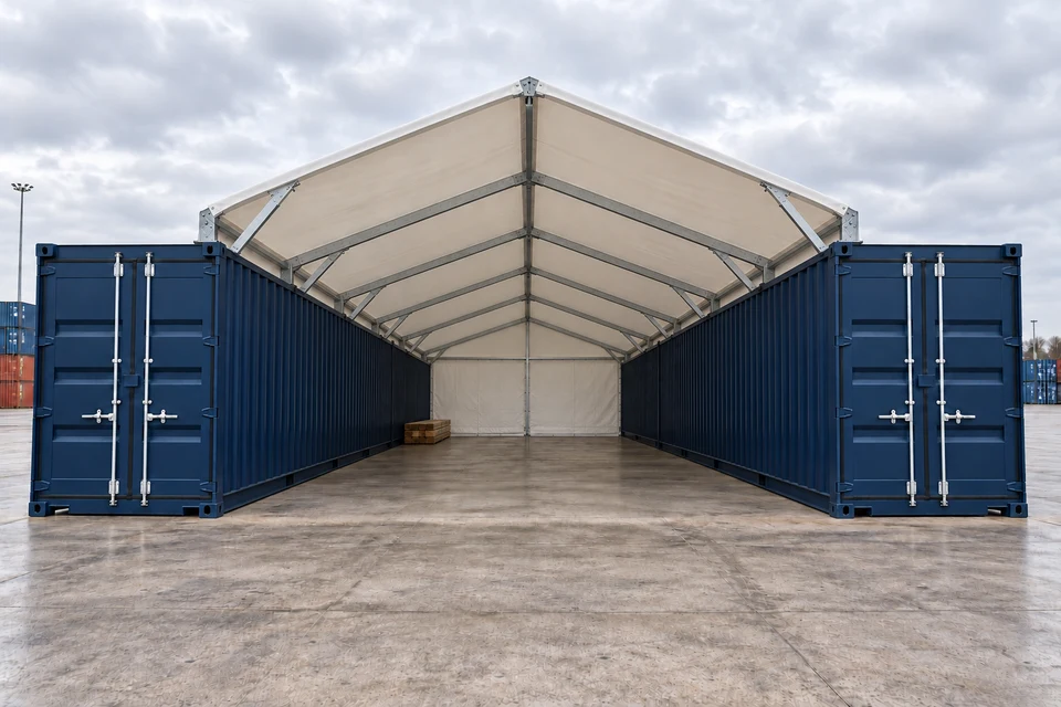 KI-Illustration einer weißen Containerüberdachung mit breitem, zwölf Meter langem Satteldach zwischen zwei parallelen 40-Fuß-Containern, vorne vollständig offen und hinten geschlossen