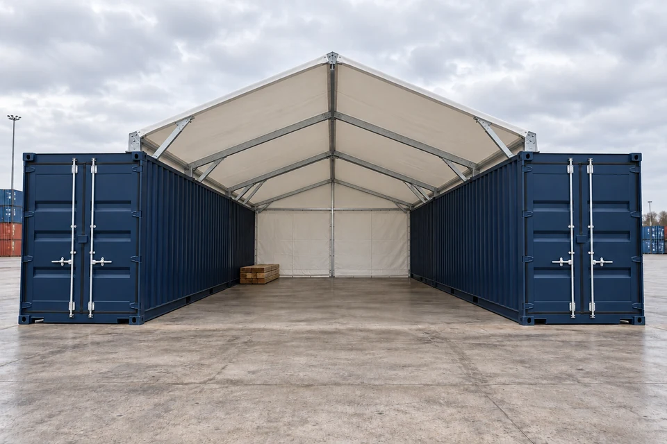 KI-Illustration einer weißen Containerüberdachung mit breitem Satteldach zwischen zwei parallelen 20-Fuß-Containern, vorne vollständig offen und hinten geschlossen