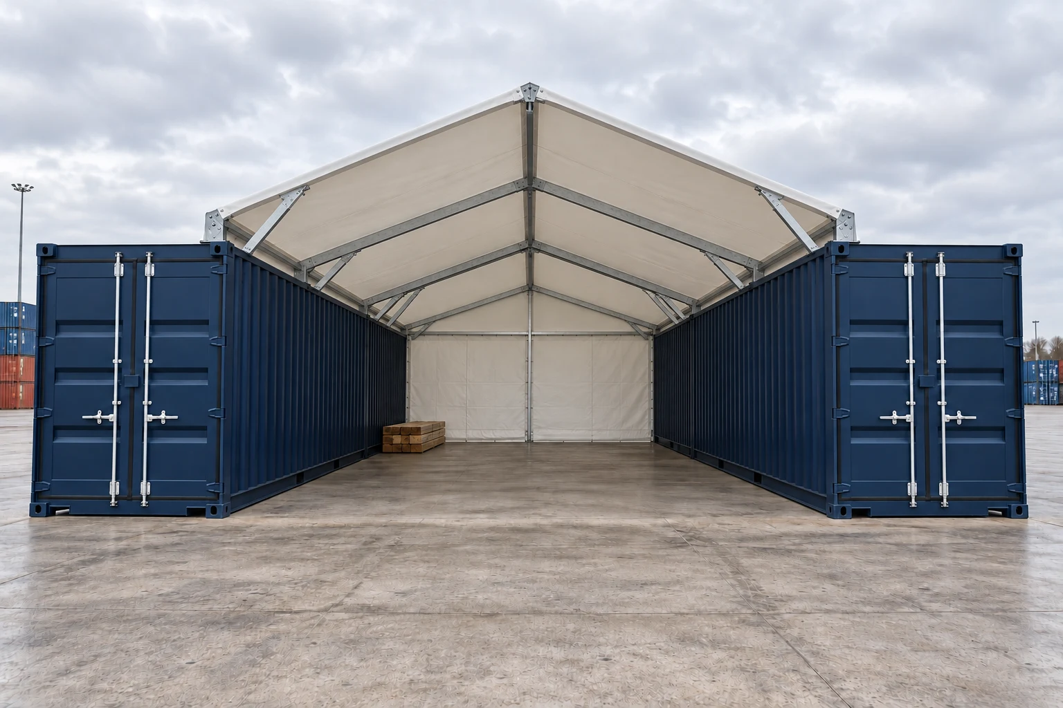 KI-Illustration einer weißen Containerüberdachung mit breitem Satteldach zwischen zwei parallelen 20-Fuß-Containern, vorne vollständig offen und hinten geschlossen