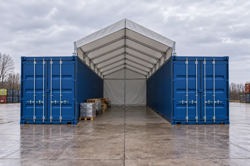 KI-Illustration einer langen grauen Containerüberdachung mit Satteldach zwischen zwei 40-Fuß-Containern, vorne offen und hinten geschlossen