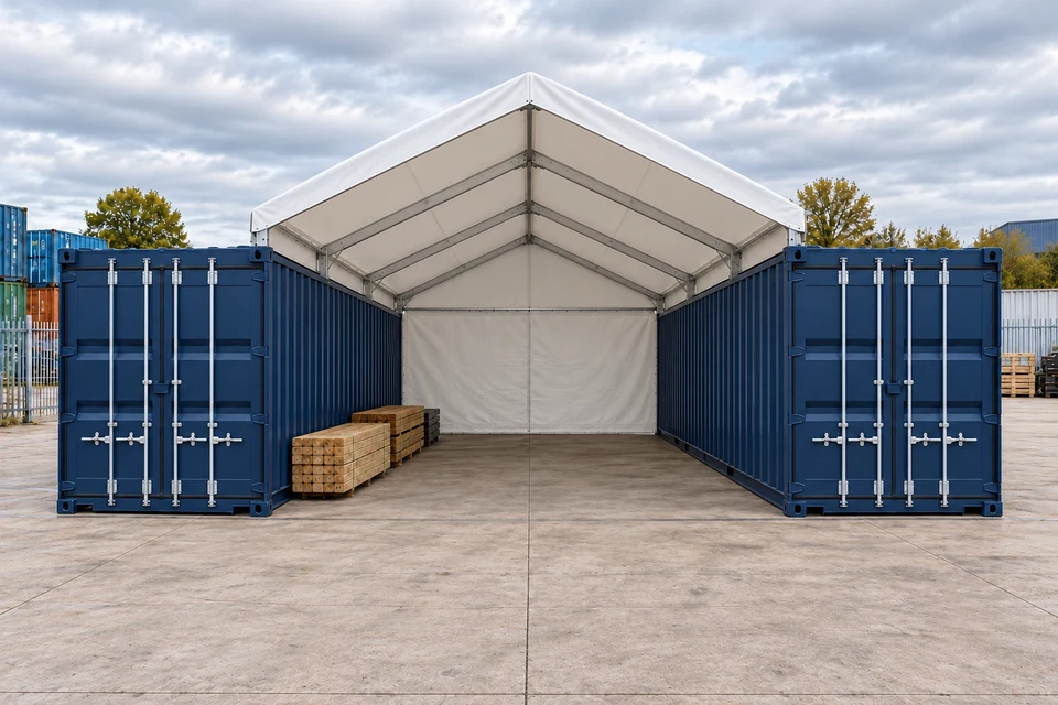 KI-Illustration einer weißen Containerüberdachung mit Satteldach zwischen zwei 20-Fuß-Containern, vorne offen und hinten geschlossen