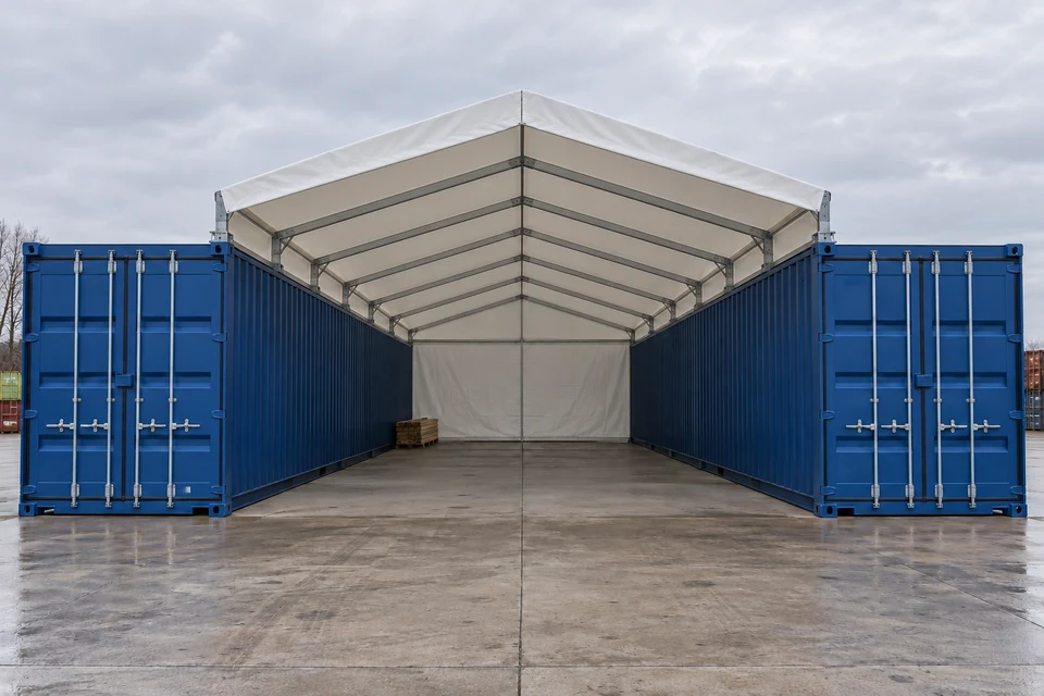 KI-Illustration einer weißen Containerüberdachung mit Satteldach über einem breiten, zwölf Meter tiefen Bereich zwischen zwei parallelen 40-Fuß-Containern, vorne offen und hinten geschlossen