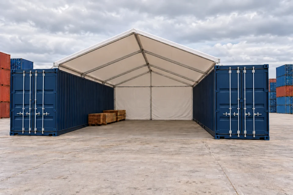 KI-Illustration einer breiten weißen Containerüberdachung mit Satteldach zwischen zwei parallelen 20-Fuß-Containern, vorne offen und hinten geschlossen